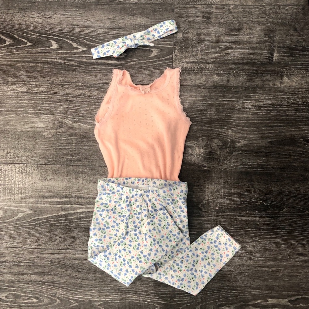 Onsie with floral pants and matching headband